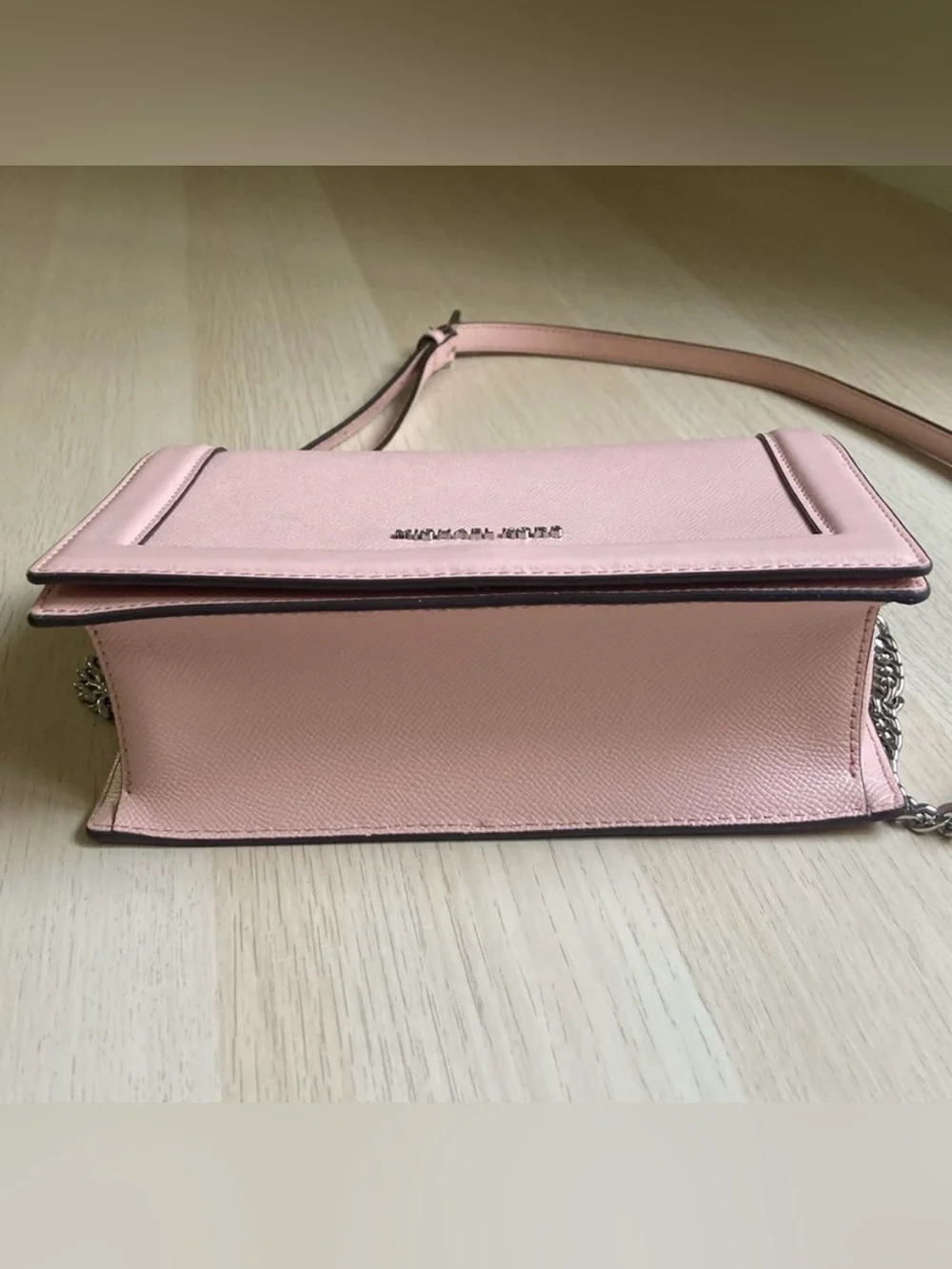 Michael Kors Jet Set Saffiano Light Pink Crossbody Shoulder Bag Purse Silver